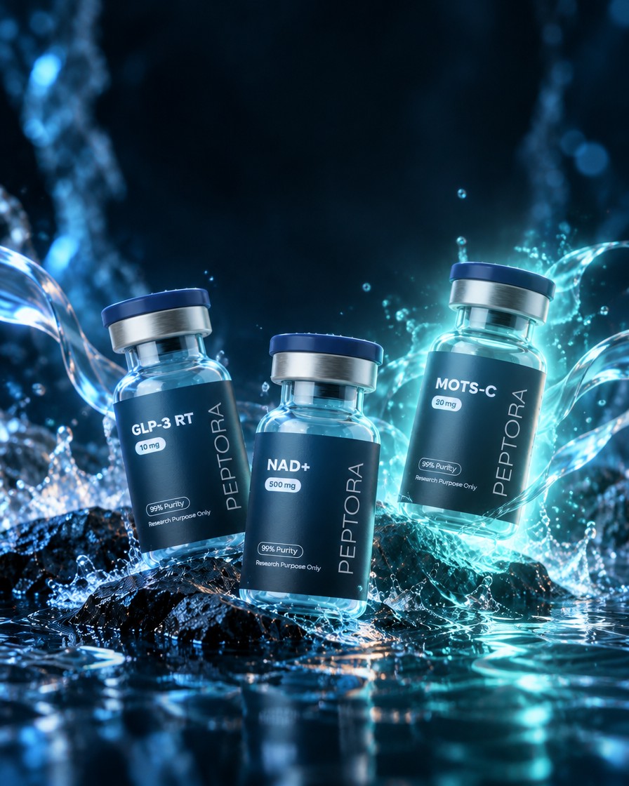 Three Peptora research vials in an ice-blue light — the third rises from a glow