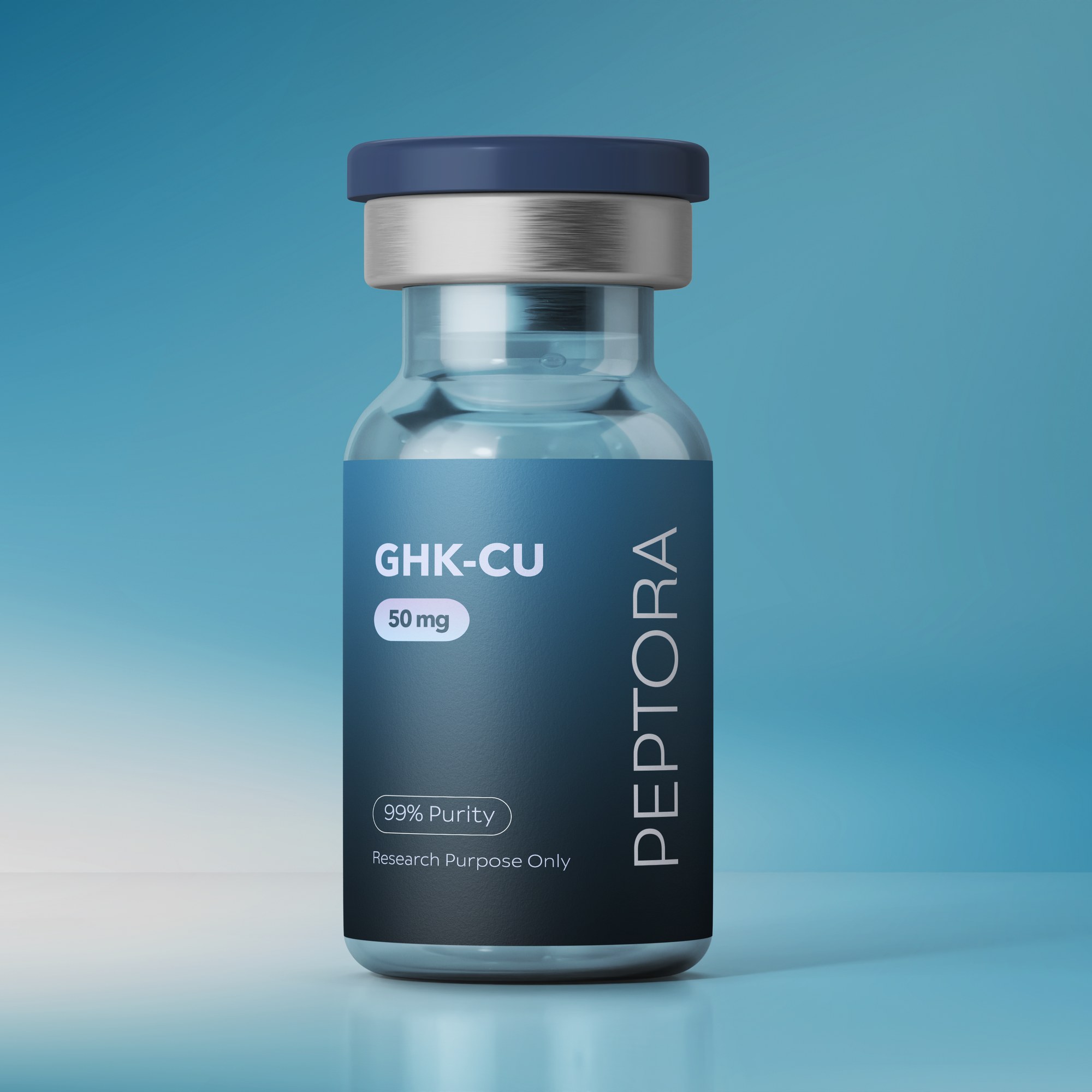 Peptora GHK-Cu copper peptide research vial photographed in a laboratory setting